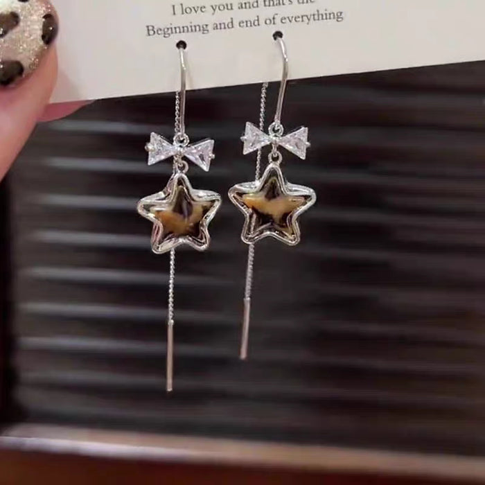 Leopard Star and Crystal Bow Long Threader Earrings