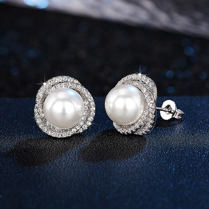 Pearl-Like Double Halo Stud Earrings In Four Metal Finishes