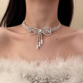 Silver Tone Crystal Bow Choker with Double Rows and Tassels view 3