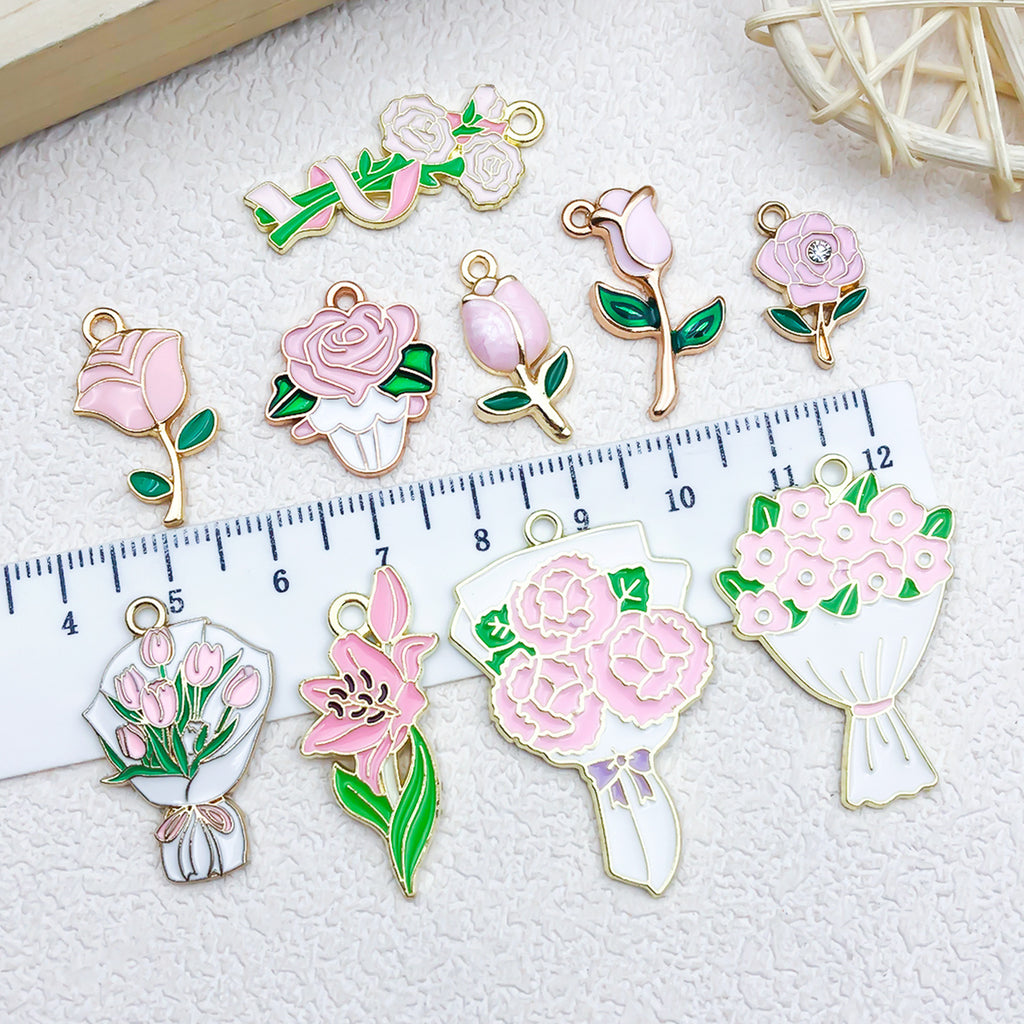 Pink Zinc Alloy Branch Bouquet Carnation Rose charm pendants for DIY bracelets necklaces