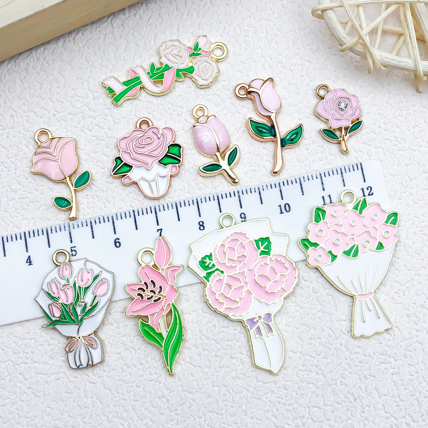Pink Zinc Alloy Branch Bouquet Carnation Rose charm pendants for DIY bracelets necklaces