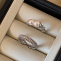 Silver Open Ring Set Double Pearl and Pave Band 2 Pcs view 6