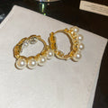Chunky Gold Tone Hoop Earrings with Pearl Bead Fringe view 6