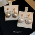 Gold Tone Round Stud Oversized Pearl Drop Earrings view 1