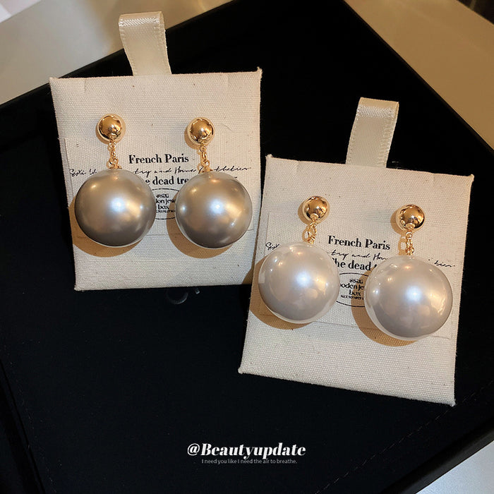 Gold Tone Round Stud Oversized Pearl Drop Earrings