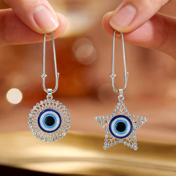 Silver Tone Rhinestone Blue Evil Eye Safety Pin Brooches in Seven Designs