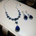Blue Flower Teardrop Necklace Earrings Silver Crystal Set view 6