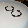 Black Textured Hoop Earrings With Brown Oval Accents view 6
