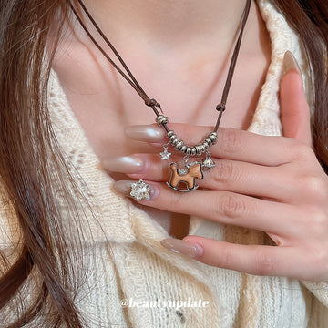 Brown Cord Horse Pendant Necklace With Decorative Metal Details