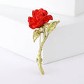 Red Enamel Rose Brooch Gold Green Leaf Stem Single Style view 1