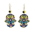 Gold Tone Printed Acrylic Hamsa Hand Evil Eye Hook Earrings in Eleven Designs view 3