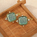 Gold Tone Square Glass Drop Earrings with Pearl Accents view 3