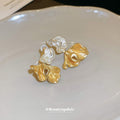 Two Tone Ruffled Flower Stud Earrings with Pearl Accent view 2