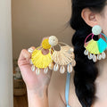 Multicolor Raffia Shell Statement Earrings With Woven Neutral Tops view 2