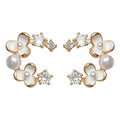 Gold C-Curve White Flower Pearl Clear CZ Stud Earrings view 5