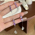 Purple Faceted Stone and Clear Drop Long Chain Stud Earrings view 2