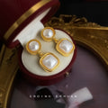 Gold Round Square Frame Pearl Drop Stud Earrings Pair view 2