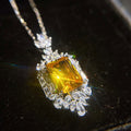 Silver Tone Yellow Emerald Cut Crystal Halo Pendant Necklace view 4