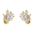 Gold Coral Shell Clear Oval CZ Ocean Stud Clip Earrings view 5