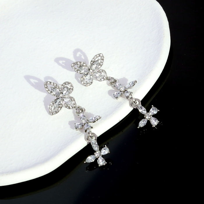 Silver Butterfly Crystal Look Long Dangle Stud Earrings
