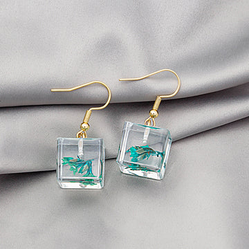 Clear Resin Cube Drop Earrings Green Dried Flower Gold