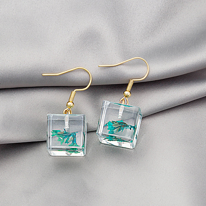 Clear Resin Cube Drop Earrings Green Dried Flower Gold