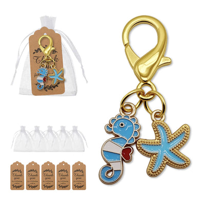 Blue seahorse and starfish keychain with packaging