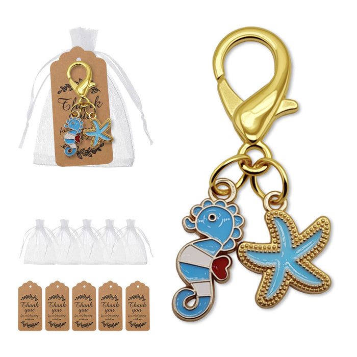 Blue Seahorse Starfish Enamel Dual Charm Keychain Metal Charm