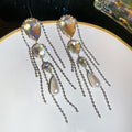 Iridescent Crystal Teardrop Pearl and Chain Tassel Earrings view 6