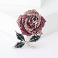 Rhinestone Rose Brooch Silver Tone Green Leaf Red Purple Pin view 2