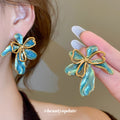 Blue Enamel Petal and Gold Bow Statement Stud Earrings view 1