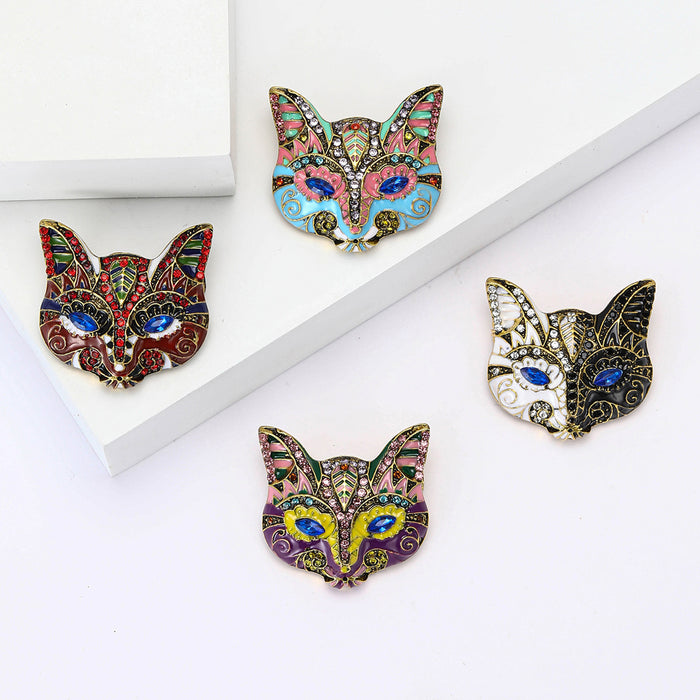 Enamel Fox Head Brooch Rhinestone Eyes Four Color Styles