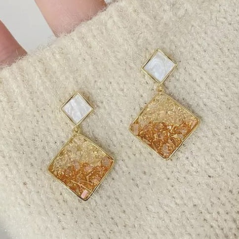 Gold Tone Gradient Square Drop Stud Earrings in Two Colors