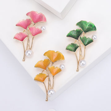 Enamel Ginkgo Leaf Brooch Pearl Accents Three Color Styles