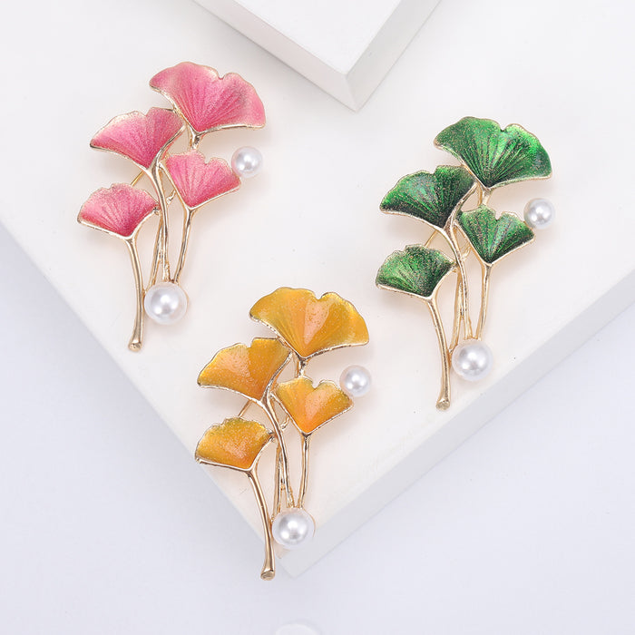 Enamel Ginkgo Leaf Brooch Pearl Accents Three Color Styles