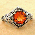 Antique Silver Floral Ring Orange Round Center Stone Metal view 3