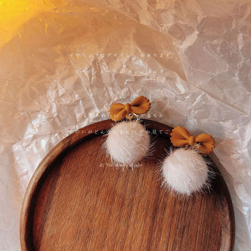 Caramel Enamel Bow White Fluffy Pom Ball Stud Earrings