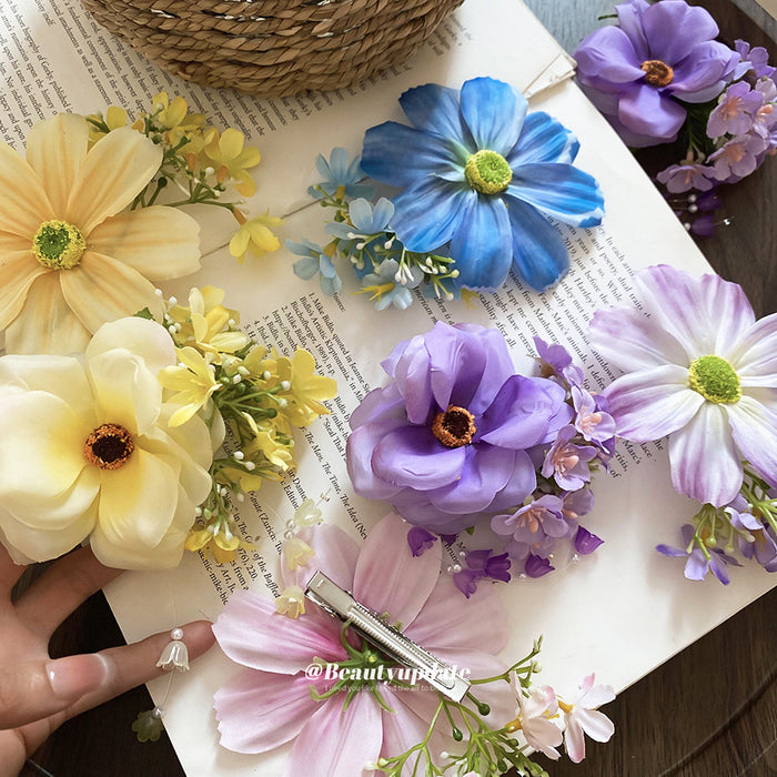 Fabric Flower Side Hair Clips Cosmos And Peony Six Styles