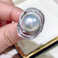 Silver Spiral Pave Crystal Large Pearl Cocktail Ring view 3