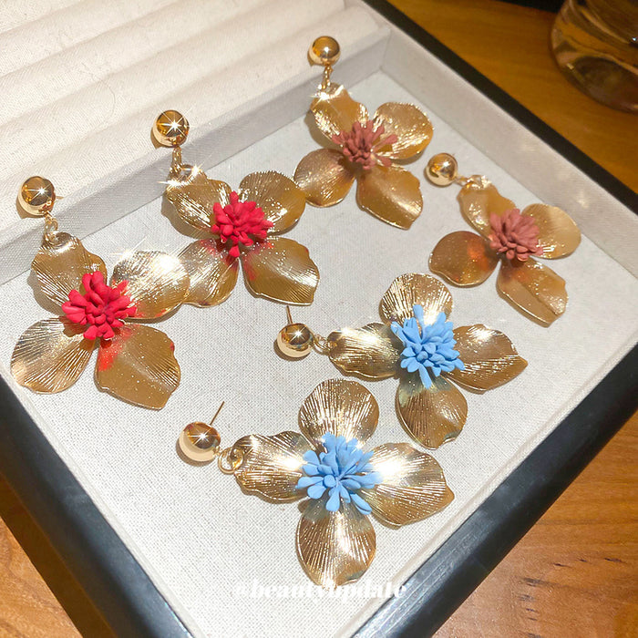 Colorful Metal Flower Drop Stud Earrings Fashion Jewelry