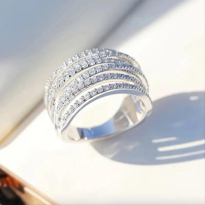 Silver Tone Layered Wide Band Ring with Rows of Clear Stones