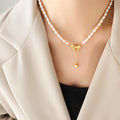 Pearl Bead Necklace with Gold Bow and Heart Drop Pendant view 6