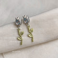 Silver Tulip Stud Green Stem Leaf Drop Earrings Pair view 4