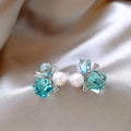 Blue And Green Square Crystal Floral Cluster Stud Earrings view 3