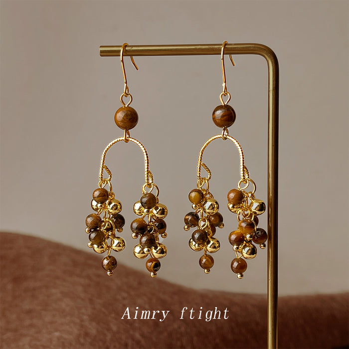 Gold Tiger Eye Stone Tassel Chandelier Drop Earrings Pair