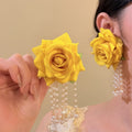 Yellow Rose Pearl Loop Drop Earrings Decorative Jewelry view 2