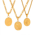 Oval Embossed Flower Pendant Necklaces Gold Steel Figaro Rope view 5