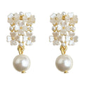 Gold Tone White Flower Cluster Drop Earrings Pearl Dangle view 5