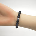 Matte Black Frosted Bead Stretch Bracelet Striped Accent view 2