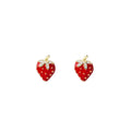 Red Enamel Strawberry Stud Earrings Crystal Leaf Gold view 5